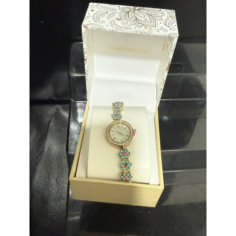Charter Club Gold Tone Floral Crystal Bracelet Watch Turquoise Pink New Box